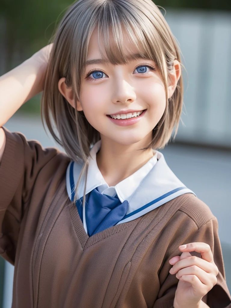 Browsing Caution,Photorealistic One Girl,Very detailedかわいい顔,Short Hair,Natural platinum silver hair,Bright big blue eyes,Droopy eyes,smile,Nordic beauty,high quality,最high quality,8k,Ultra-realistic,Very detailed,High resolution,High resolution修正,Masterpiece,(School uniforms:1.5),(Sexual climax:1.5)
