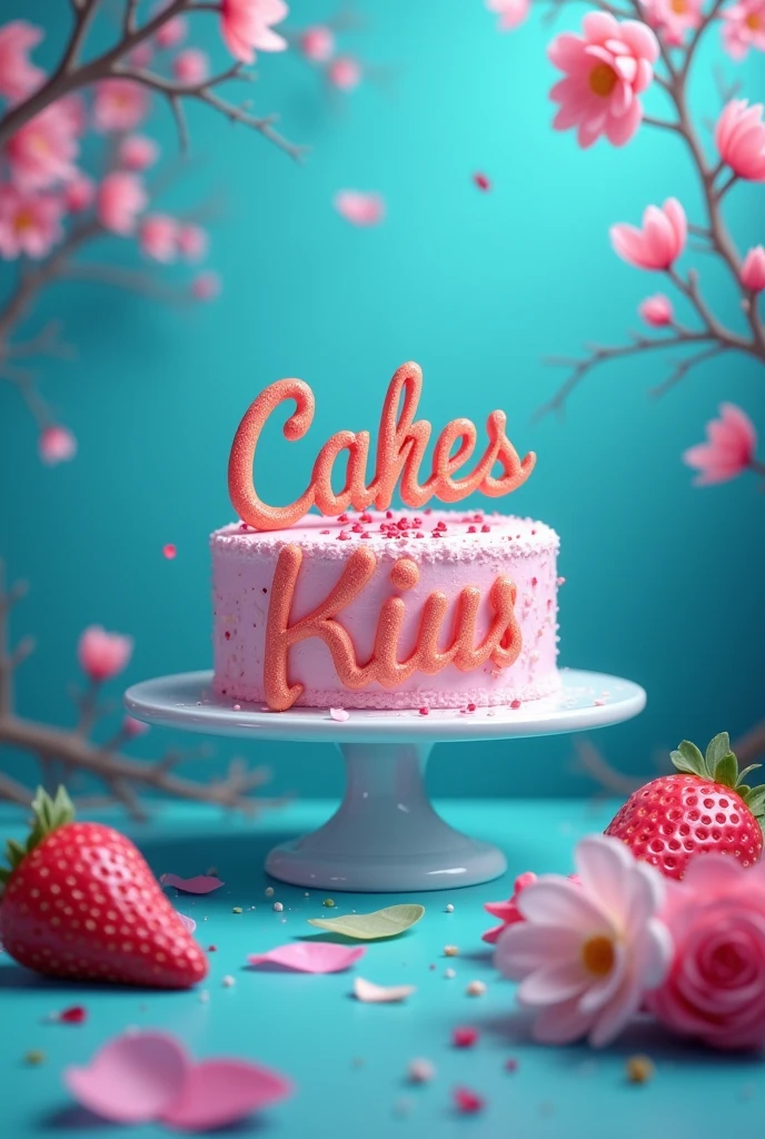 I want you to make a banner about desserts. I want the colors to be turquoise blue and royal blue along with pink. I want you to put the name of "Cakes of Kius". Also the number 04243759580