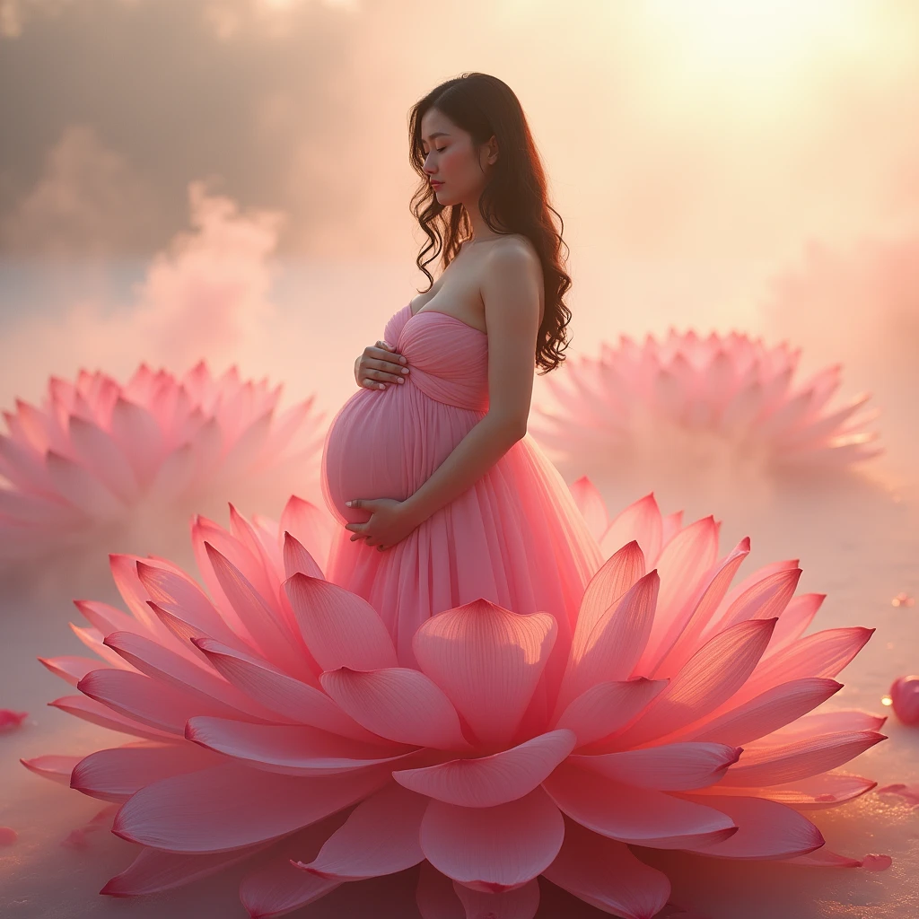 full length, black hair pregnant woman, Beautiful face, dress made of red rose petals, Light pink and light white tones, Esbian Full Body, beautiful backgrouond , daylight, Efeito de Luz, Minimalistic, Solar, pure tenderness, soft lighting, Realism. beautiful woman, on a super giant lotus with double and long petals (petals made of thin, soft transparent,streaming, fabrics, full background of flowing petals, floating flower, super flying petals, Smoke effect, Fog, some water reflaciton mixed with petals), lotus dress, ((ss-through)) full length.