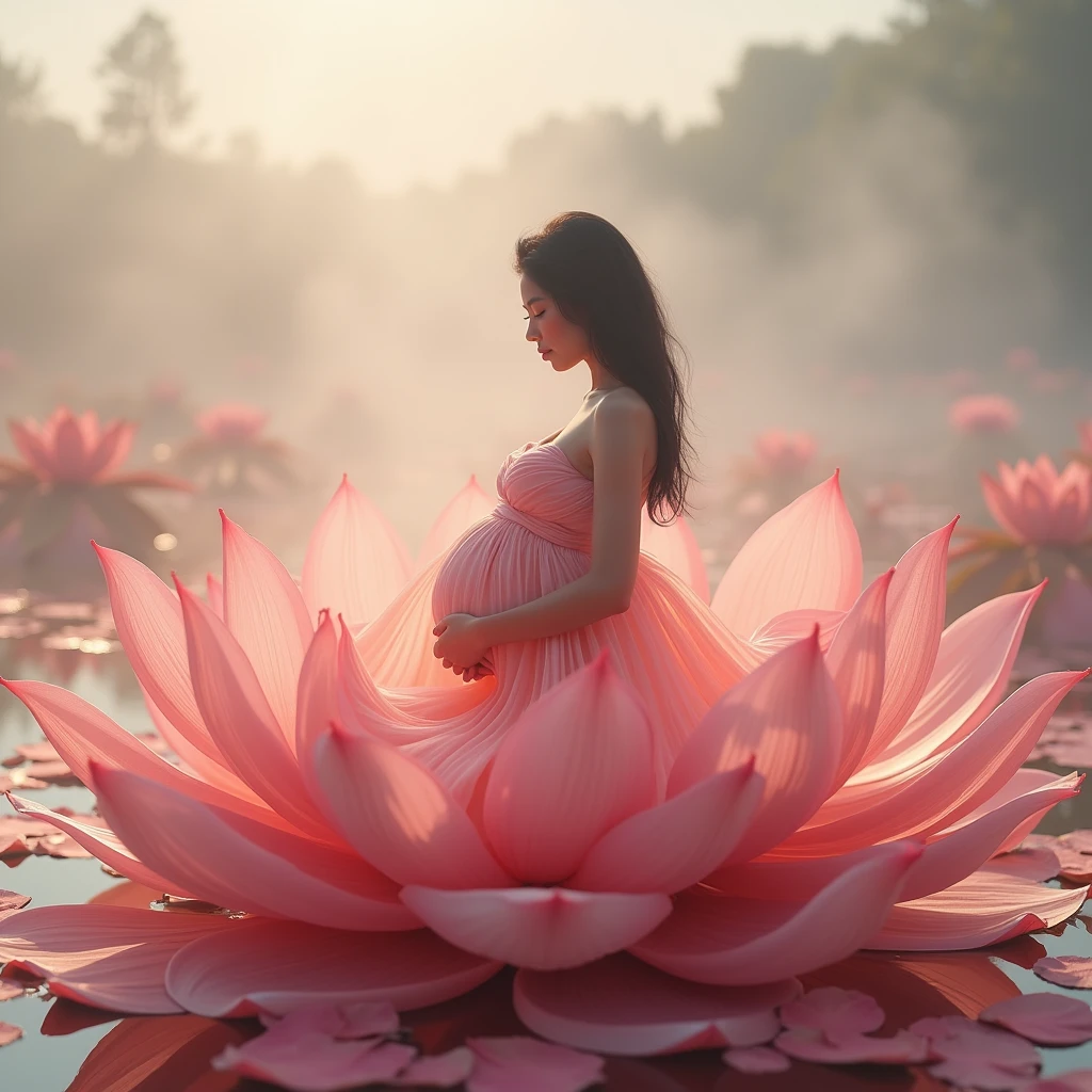  full length, black hair  pregnant woman, Beautiful face, dress made of red rose petals, Light pink and light white tones, Esbian Full Body, beautiful backgrouond , daylight, Efeito de Luz, Minimalistic, Solar, pure tenderness, soft lighting, Realism. beautiful woman,  on a super giant lotus with double and long petals (petals made of thin, soft transparent,streaming, fabrics, full background of flowing petals, floating flower, super flying petals, Smoke effect, Fog, some water reflaciton mixed with petals), lotus dress, ((ss-through)) full length. 