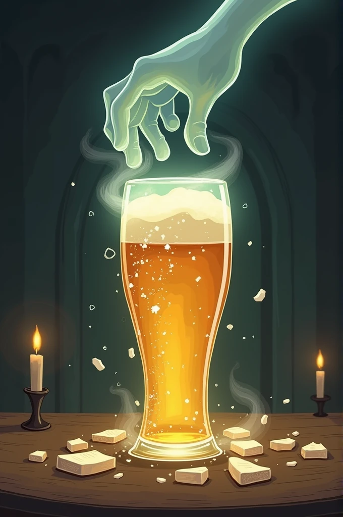 Broken beer glass being completed by an identical glass, only in an old cartoon style ghost