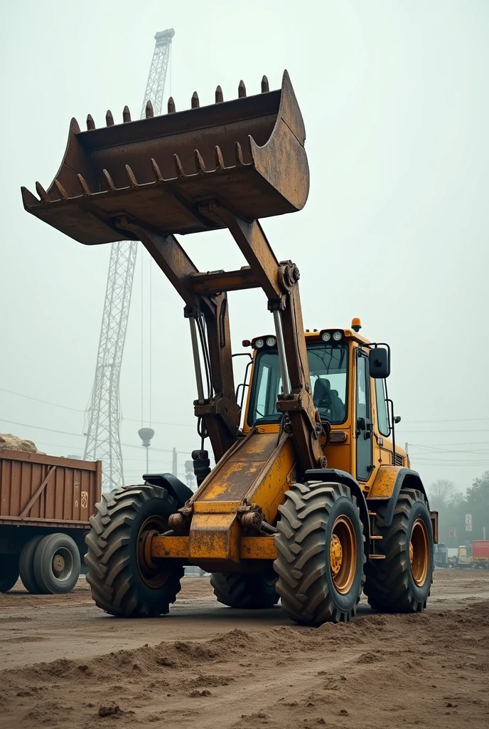 Backhoe with bucket raised loading a results graph