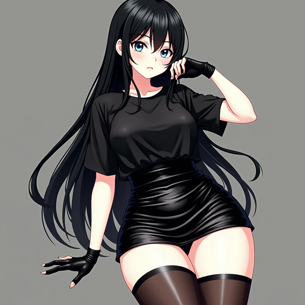 1 Mature woman, long black hair,blue eyes,Pale skin, curves, thick thighs, busty, thigh highs, black latex miniskirt, gray background, hand on hip,other hand near Her chin.