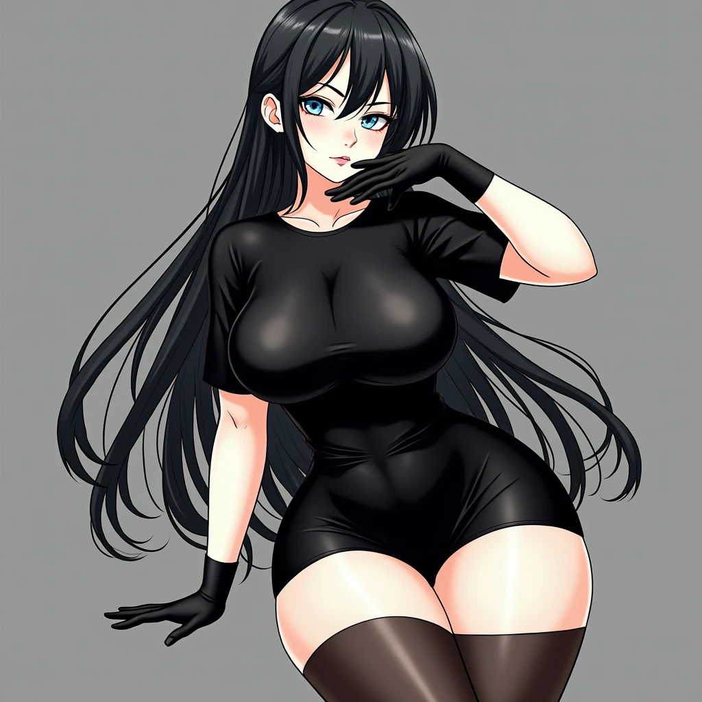 1 Mature woman, long black hair,blue eyes,Pale skin, curves, thick thighs, busty, thigh highs, black latex miniskirt, gray background, hand on hip,other hand near Her chin.