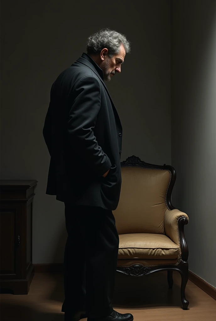 Emil Cioran standing in front of an armchair 