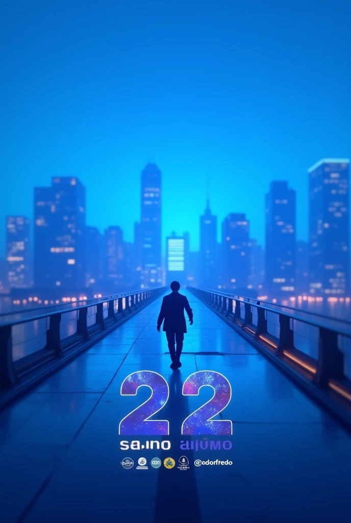 Generate an image with a royal blue background with a city being seen from a long distance out of focus and in front of the city the following text "22 is my mayor Vote for Junior Matos for the happiness of the people of Godofredo" In the Brazilian language