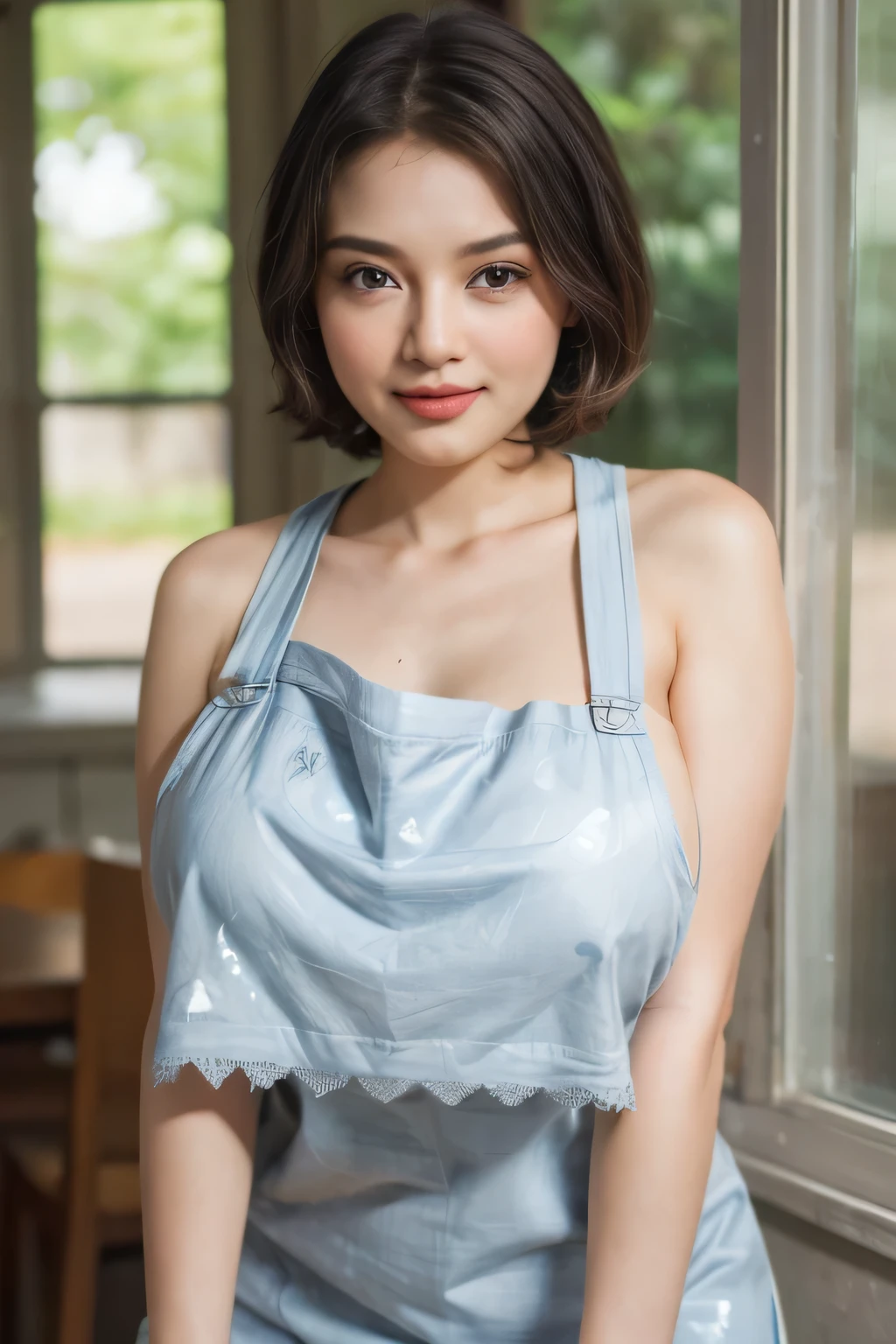 adorable, 1 girl, (face to face), , baby face, happy, medium portrait, (face details: 1), (eye details:1), ((naked big breasts)). wearing transparent transparency mini apron, .. Cute posed. proportional body. Ultra High Res. realistic: 1.4, UHD, ((shorthaircut)), lace ((Gigantic:1.236))
