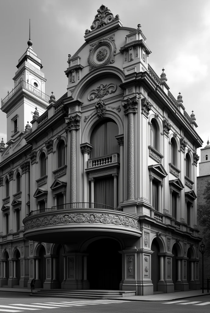 Photorealism, fancy, Victorian era, grand theater, black and white, outside of building,