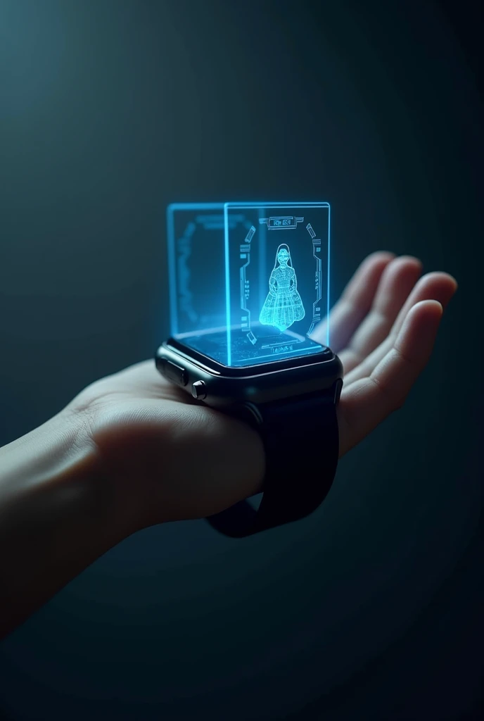 Black smart watch, that a scanner comes out of it that can be seen, and that scanner is blue and a blue hologram comes out of the watch but the watch is on the hand 