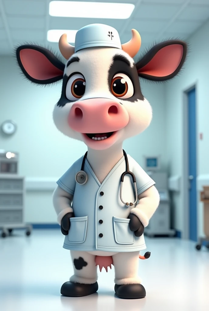 An animated cow wearing a doctor's surgical clothes without the lab coat