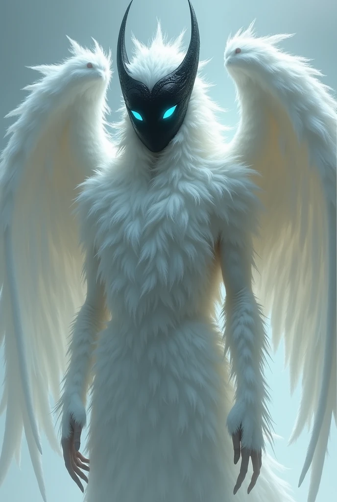 futuristic ghost like creature, pitch black undetailed face,blue slit eyes, no mouth,  white furr and wings, full body picture