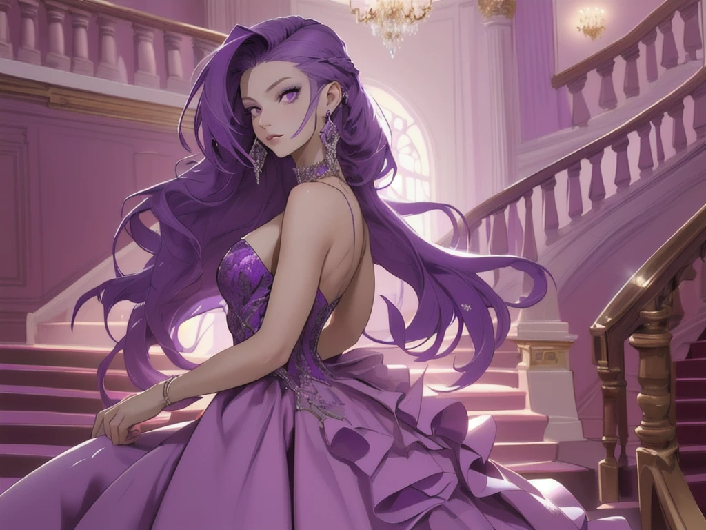 a high resolution, 1 girl, long hair, purple hair, looks at the viewer, Jewelry, purple eyes, earrings, red ball gown, Shine, luxury staircase background, dynamics