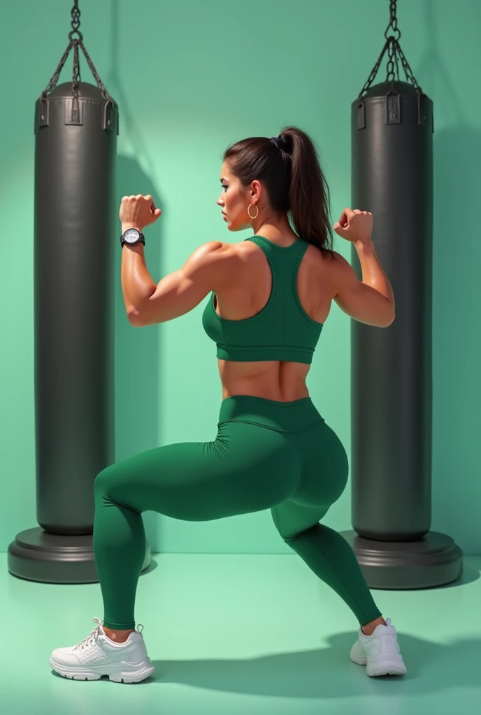 a woman in a green sports bra top and leggings squatting in front of a punching bag, by Emma Andijewska, arabesque, seafoam green, with two front pockets, y push up bras, comfycore