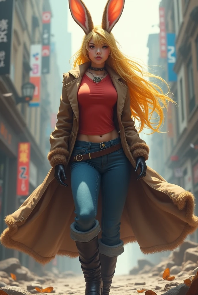 Real style brown and white bunny girl with long yellow hair and red t-shirt and brown coat and blue pants and black boots with epic pose 