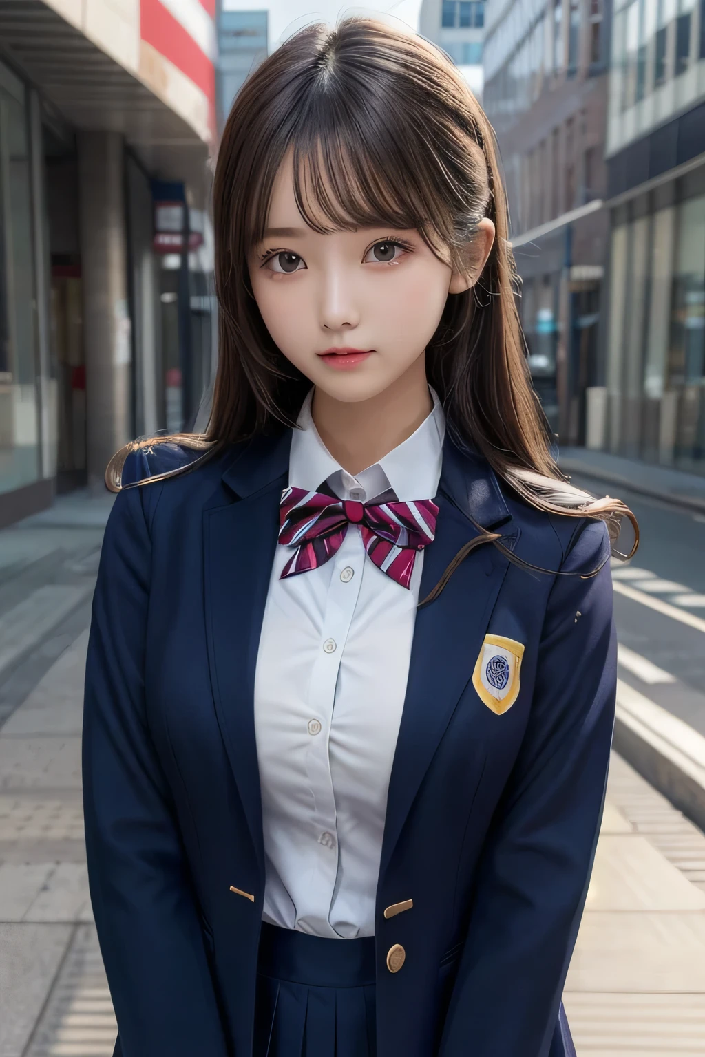 One Girl, 1 person,Highest quality,High resolution,超High resolution,8k,Realistic,Upper Body,encounter_audience,Large Breasts, the body is slim,(blazer School uniform:1.2),