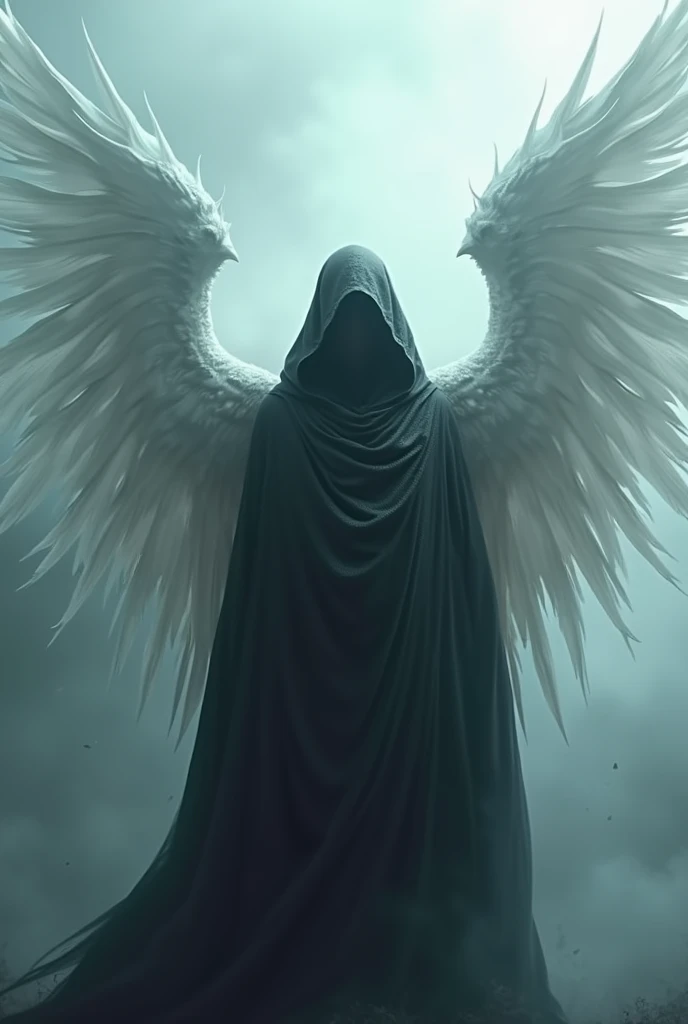 A high fantasy horror portrait of a shadowy, hooded celestial being, huge white spectral wings coming out of his back. white marmore, work of art, best qualityer, ultra high resolution, comely, visually stunning, chic, Incredible details, award-winning art, g0s1, forst, natta, fog, natta sky