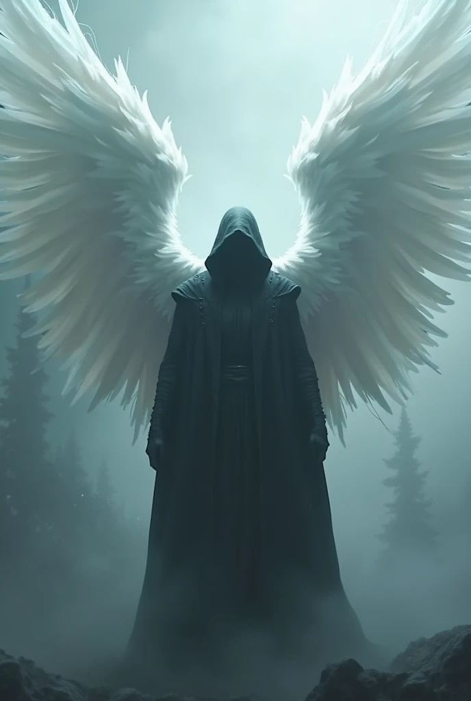 A high fantasy horror portrait of a shadowy, hooded celestial being, huge white spectral wings coming out of his back. white marmore, work of art, best qualityer, ultra high resolution, comely, visually stunning, chic, Incredible details, award-winning art, g0s1, forst, natta, fog, natta sky