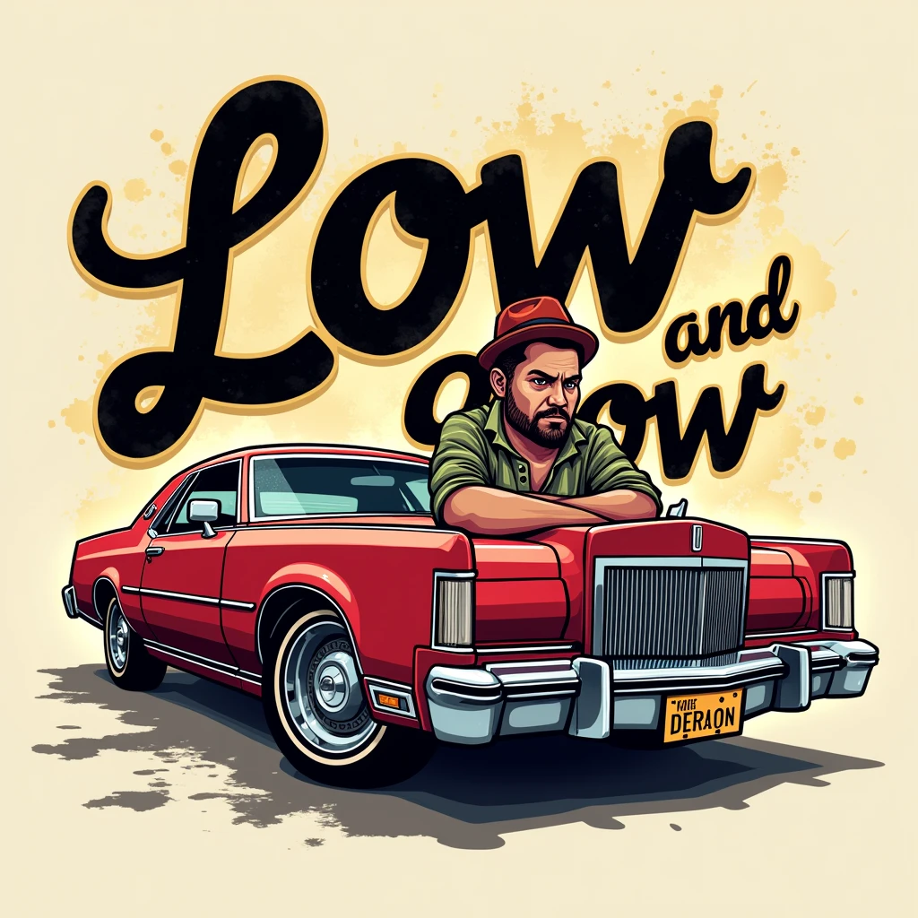 Design a logo for a t-shirt called "Low and Slow" vector style The text "Low and Slow" should be rendered in a stylized, cursive script with the words "Low" written in a larger, more prominent font, The logo should have low rider a red car 76 Lincoln Mark IV and a cartoon of a chicano gangster man with a penedleton shirt and baggie pants low rider style The overall aesthetic should be raw, edgy, and attention-grabbing, blending the worlds of street art and high-fashion. gangster style west coast gangster style