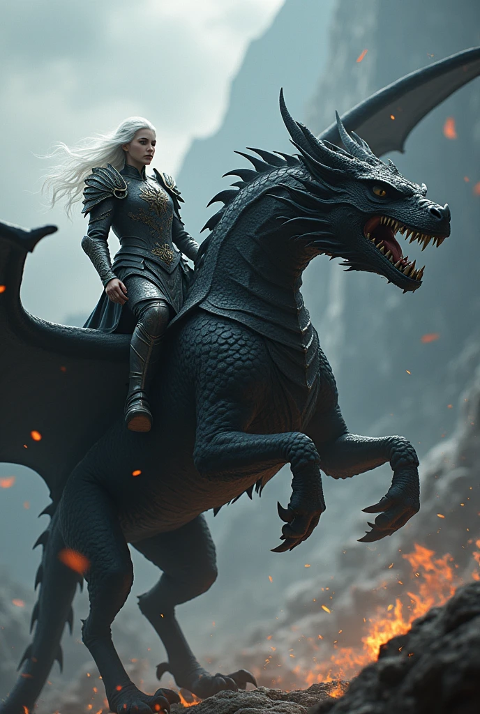 Make an image based on Game of Thrones, of a white-haired warrior with his fire-breathing black dragon