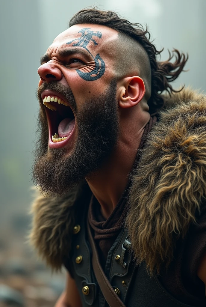 Realistic young Viking screaming with teeth bared with a Norse tattoo around his eye and with his eyes open