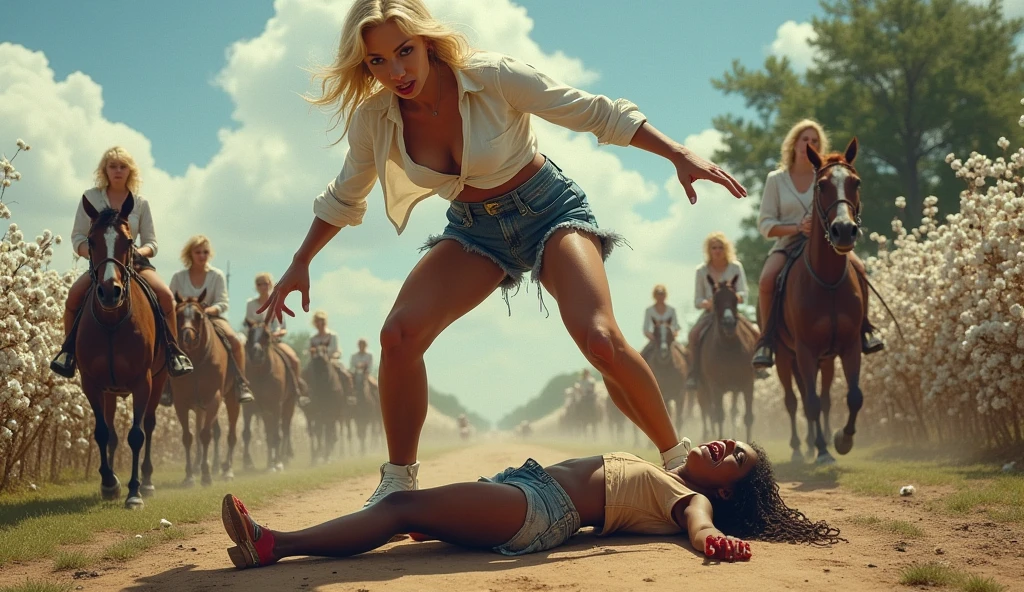((best quality)), ((masterpiece)), (detailed), a white woman, tall, angry, strong, muscular legs, with blonde hair, pretty feet with white nails, wearing denim shorts, white blouse and white platform sandals, trampling directly over the body of an African girl, who is lying on the ground, bleeding, crying and dressed in dirty clothes.
In the background, a cotton plantation and blonde women on horses with whips in hand.