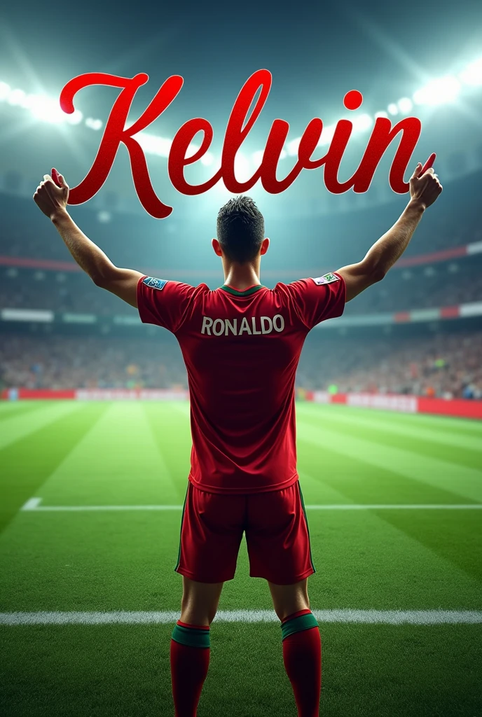 Create the phrase Kelvin in cursive letters with a soccer field background with soccer player Cristiano Ronaldo raising the name