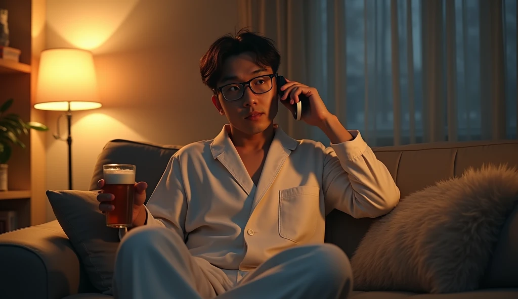 A Japanese salaryman relaxing with a drink in his living room after returning home from work, suddenly interrupted by an urgent call from the office. The scene is realistic, showing the sudden shift from relaxation to surprise and tension on the salaryman’s face. He is seated on the sofa in loungewear, putting down the beer he was holding with one hand while raising his phone to his ear with the other. The background features a warmly lit living room, reflecting the confusion of being suddenly called to action