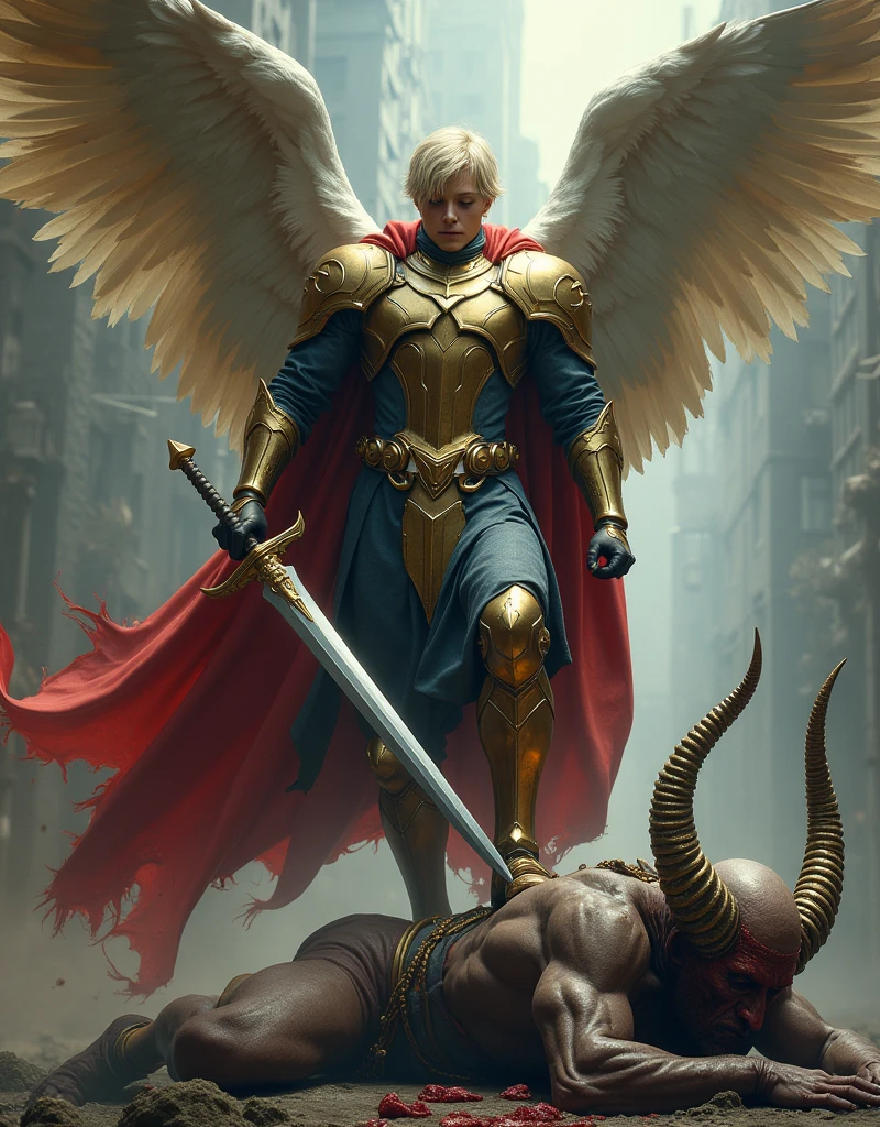 ANGEL WITH SHORT BLONDE HAIR WITH LARGE WINGS, GOLDEN AND BLUE ARMOUR AND RED CAPE WITH SWORD IN RIGHT HAND POINTING TOWARDS THE HEAD OF A MUSCULAR HUMANOID DEMON WITH HORNS, BATTLE-WOUNDED, BADLY WOUNDED ON THE GROUND. THE ANGEL STEPS ON HIS HEAD WITH GREAT STRENGTH AND WITHOUT MERCY. IN HIS RIGHT HAND HE HAS A GOLDEN SCALE.. SEMI-DARK APOCALYPTIC SCENARIO HYPERREALISTIC 8K SUPER DETAILED EPIC ATMOSPHERE
