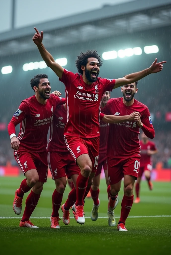Mohamed salah running celebrating after scoring a goal with his teammates at anfield in raining 