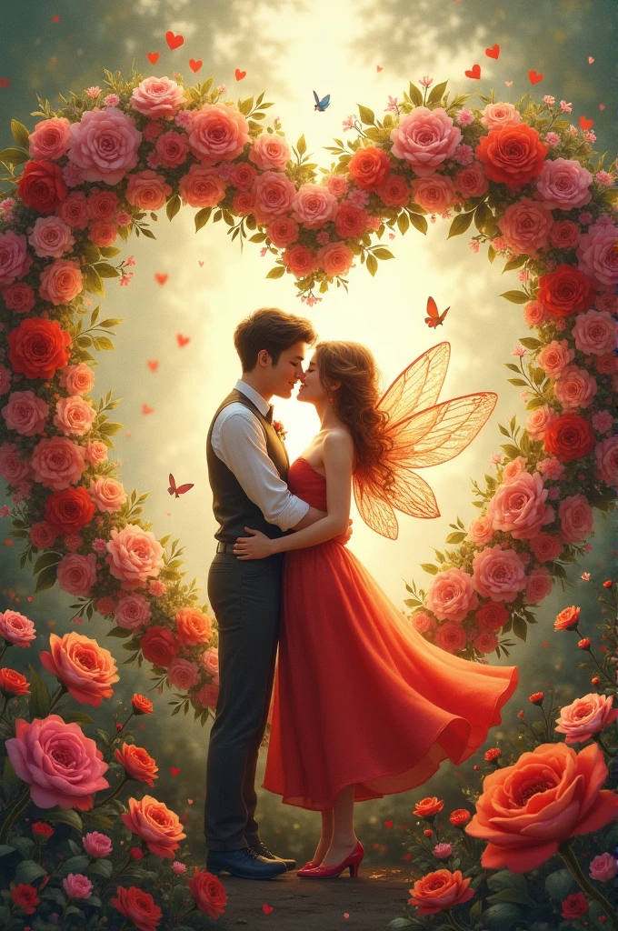 a heart with lots of flowers and fairies around a kissing couple and the name "manuel" on the man's head and "Ruthy" on the woman's head