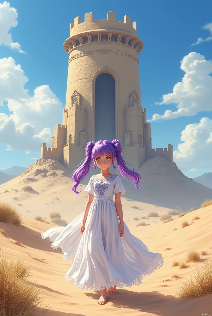 Girl with amethyst pigtails, with white dress and golden eyes in front of a tower in the desert anime