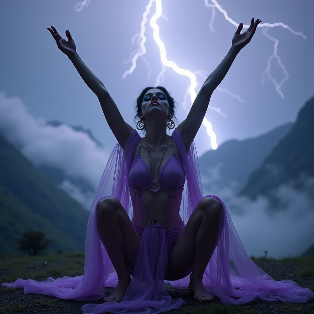 1 extremely gorgeous and seductive nubile Persian genie sorceress, wearing extreme eye makeup from original series Star Trek, and eyes wide open in mindless stare and with arms raised high in prayer to her deity, and she's covered from the shoulder down by a purple gossamer body veil while wearing an erotic harem genie regalia, and doing extreme squatting, 3:4 full frontal body portrait, ((merge and use young faces of Karen McDougal and Rila Fukushima into best 50/50 blend)), (eyes wide open, wide open eyes, blank stare, best detailed face, best lifelike face, best lifelike nose and eyes), Grecian upstyle hairstyle with high standing ponytail, pucker lips, pale snowy colored skin, huge hoop earrings, bodacious, playboy playmate archetype, perfect bikini body, (((massive breasts))), sweaty, show cameltoe, show underboobs, mindless facial expression, deeply hypnotized facial expression, deeply entranced facial expression, ((extremely bright primeval backdrop with Intense lightning strikes and severe thunderstorms towering over misty mountains)), (RAW Photo, 12K, best quality, best masterpiece, hires, best realism, best photorealism, vivid colors and natural outdoor lighting)