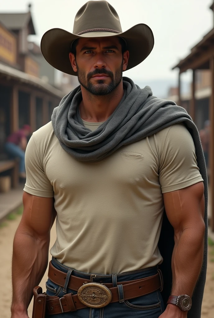 Western wear a gray shawl on T-Shirt man