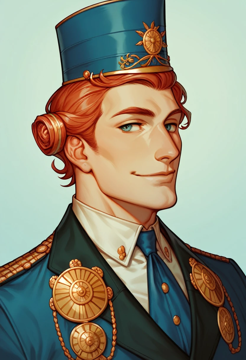Oscar Isaac, Handsome, middle-aged, smile, Custodian-Garrison Hat, Nouveau Uniform, closer distance face, Avant-garde vision, closer distance face, closer distance head, hd, high quality, best quality, masterpiece, 8k resolution