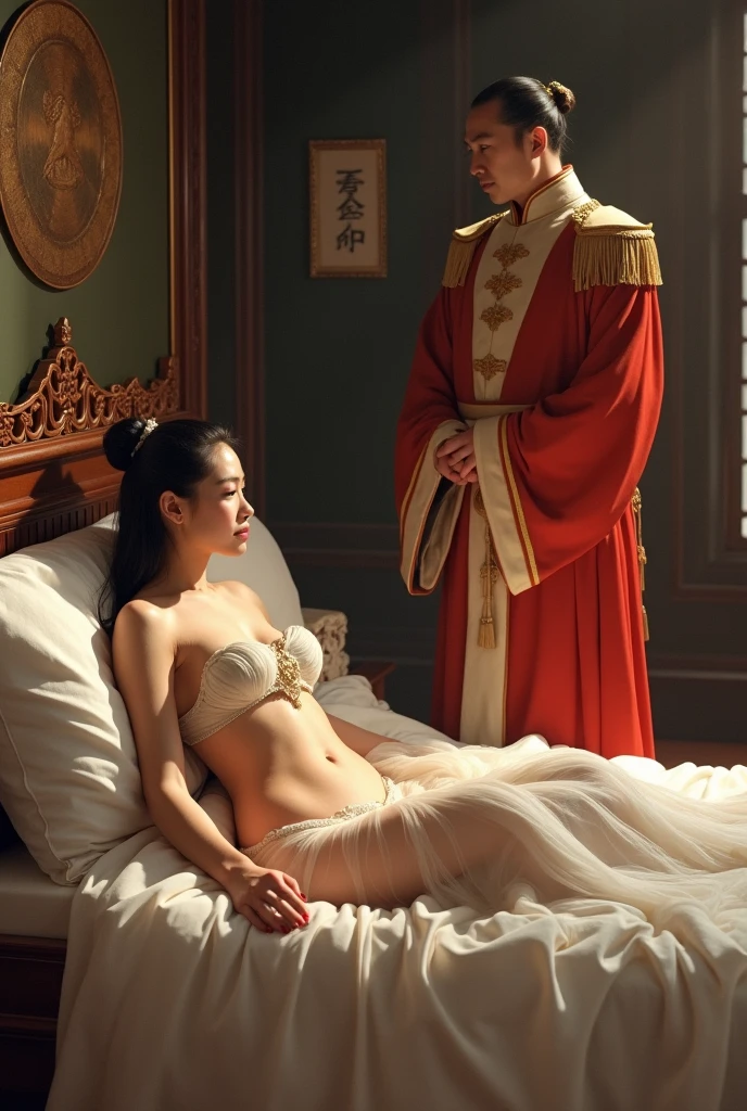 In the full Tang Dynasty, a beautiful naked princess lay on a bed, looking at a general who was standing and looking at her.