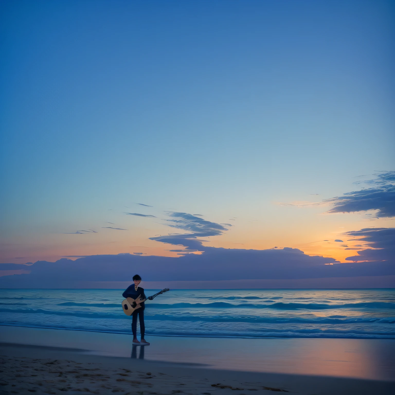 Ocean、null、Highest quality、morning、早morning、8k、photograph、beautiful、A boy with a guitar on the beach、Blue background