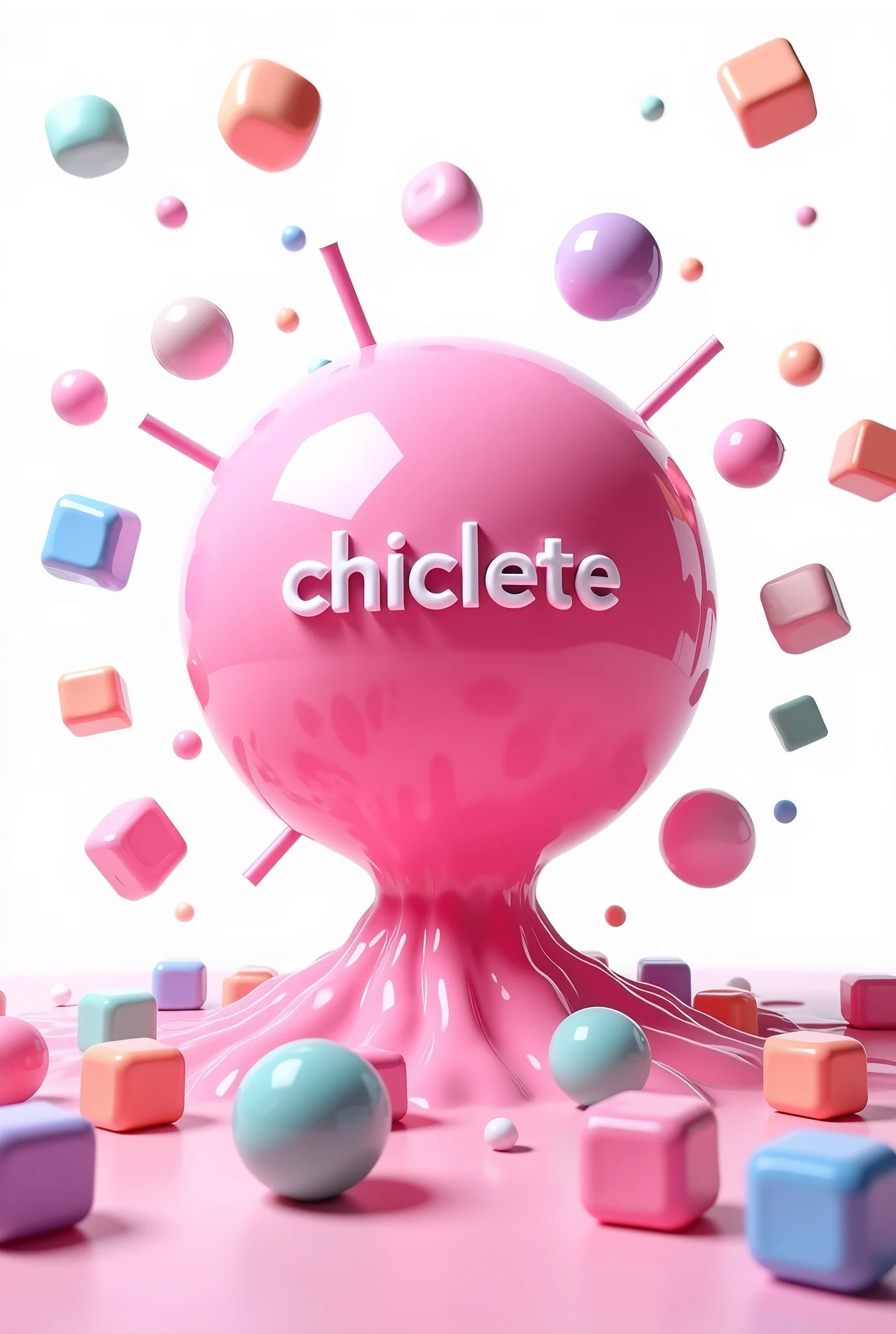 create a pink bubble gum bubble bursting with the word chiclete in Portuguese coming out of it and several square gum balls in the background with a white background contrasting with the bubble