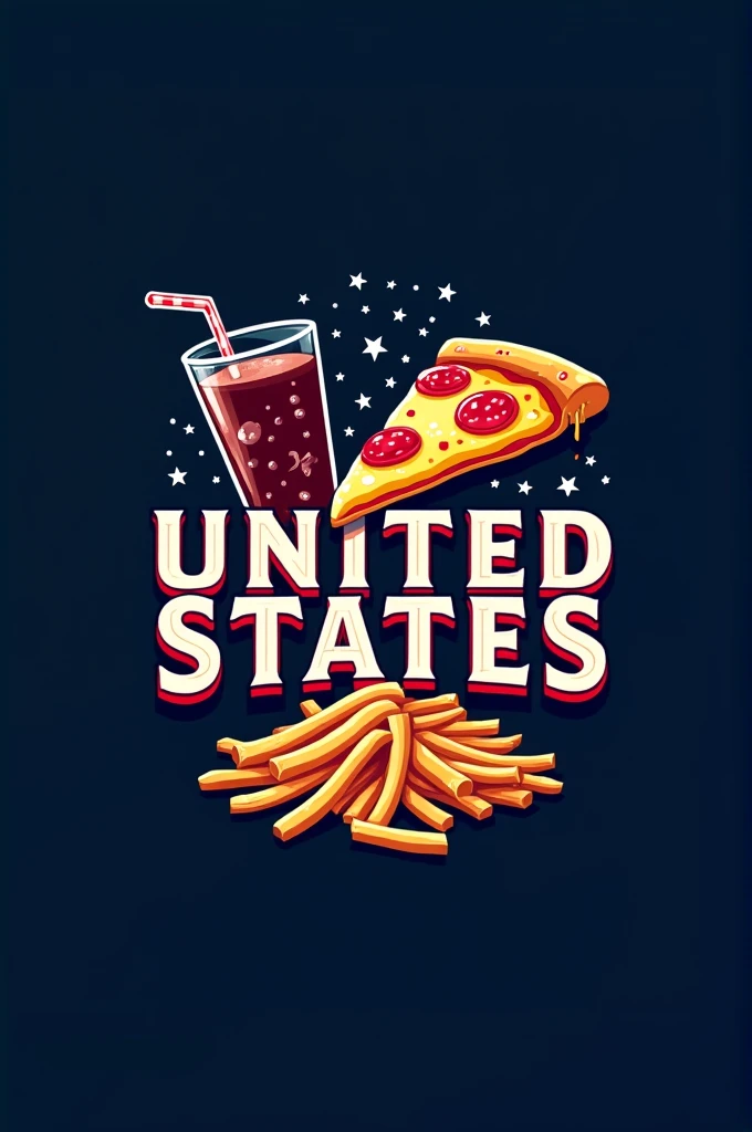 A logo with a dark blue background, in the center the name UNITED STATES, in white lebster font with red outline, a delicious slice of pizza, on the right a glass of soda with bubbles, below the text a portion of golden fries