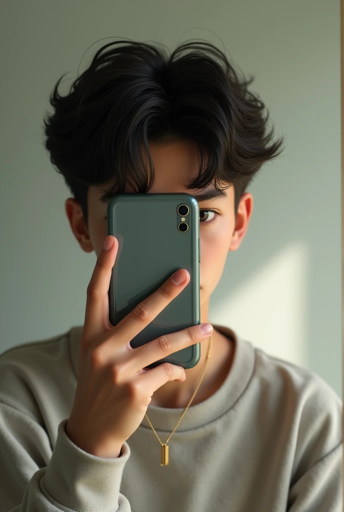 Can you generate an image for me of a handsome 14-year-old boy taking a photo in the mirror and covering his face with the phone? SUPER MEGA IPER ULTRA REALISTIC 1 boy so that his face is barely visible, that he doesn't look so big, that he looks not so big or so small?