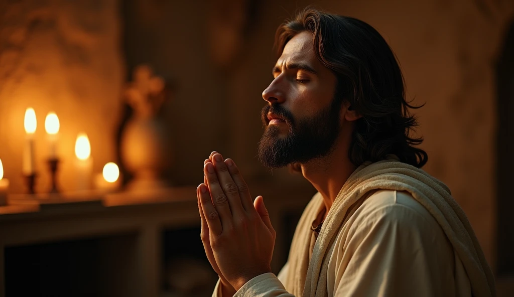 /imagine prompt: Jesus in quiet contemplation, eyes closed in prayer, peace, connection, spirituality, simple candlelit room with rough-hewn furniture, mood of intimate spiritual moment, lifelike detail on hands clasped in prayer and beard texture, soft, warm candlelight illumination, rich shadows with golden highlights, Fujifilm GFX 100S medium format for incredible detail, 110mm portrait lens, close-up focus on face and hands, --ar 1:1 --v 6 --chaos 35 --stylize 250 --weird 350 --quality 1 --style raw