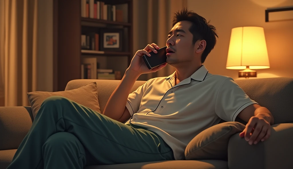 A Japanese salaryman relaxing with a drink in his living room after returning home from work, suddenly interrupted by an urgent call from the office. The scene is realistic, showing the sudden shift from relaxation to surprise and tension on the salaryman’s face. He is seated on the sofa in loungewear, putting down the beer he was holding with one hand while raising his phone to his ear with the other. The background features a warmly lit living room, reflecting the confusion of being suddenly called to action