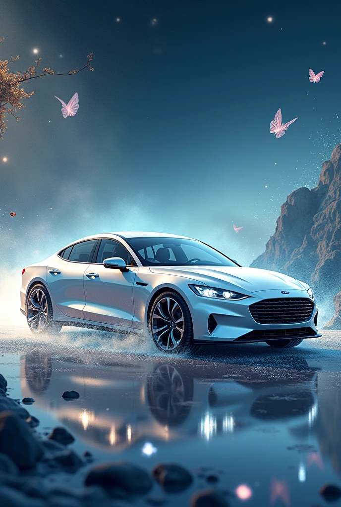 White Ford Sierra style dream car, 17 inch shiny wheels, Walking along a path of star dust dodging fairies and butterflies. Super shiny details