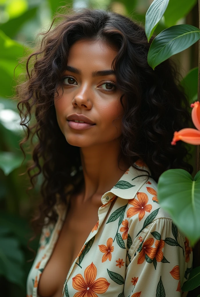 A Brazilian woman in a lush tropical garden, wearing an open shirt with a floral print, with a close-up capturing the harmonious beauty between her breasts and the natural flowers, showing off your natural charm and outgoing personality.