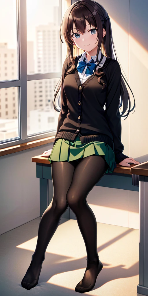 masutepiece, Best Quality, (Very detailed CG Unity 8K wallpaper) (Best Quality), (Best Illustration), (Best Shadows), Miku Nakano, Brown hair, Blue eyes, classroom, Beautiful detailed eyes, looking at viewer,((Blue Cardigan)),((very short green pleated miniskirt)),((Black pantyhose)),seductive smile,pigeon toed,skirt lift by myself,lifted by self,