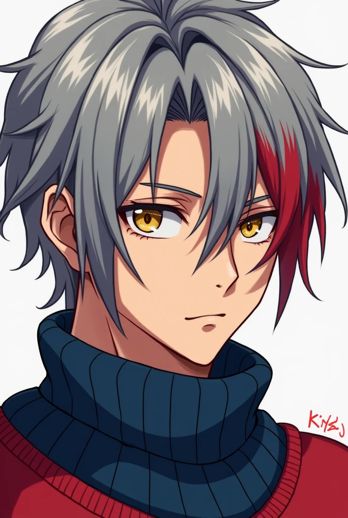 Anime model, a man with gray hair and red dye, yellow eyes, red and blue sweater