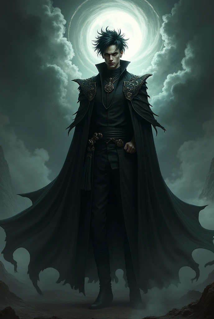 Zeldris from The Seven Deadly Sins wears a black robe with an evil smile and destruction behind it.