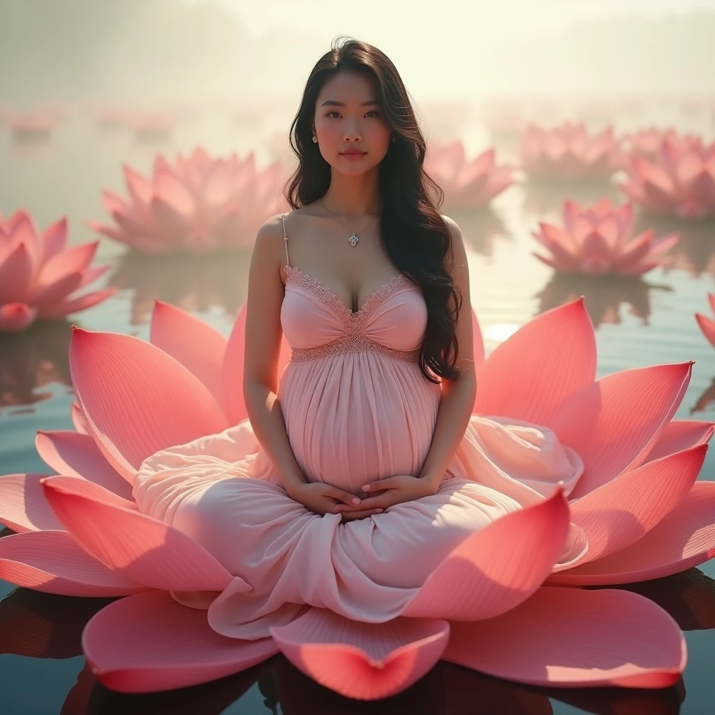  full length, black hair  pregnant woman sitting in flower , Beautiful face, dress made of red rose petals, Light pink and light white tones, Esbian Full Body, beautiful backgrouond , daylight, Efeito de Luz, Minimalistic, Solar, pure tenderness, soft lighting, Realism. beautiful woman,  on a super giant lotus with double and long petals (petals made of thin, soft transparent,streaming, fabrics, full background of flowing petals, floating flower, super flying petals, Smoke effect, Fog, some water reflaciton mixed with petals), lotus dress, ((ss-through)) full length. 