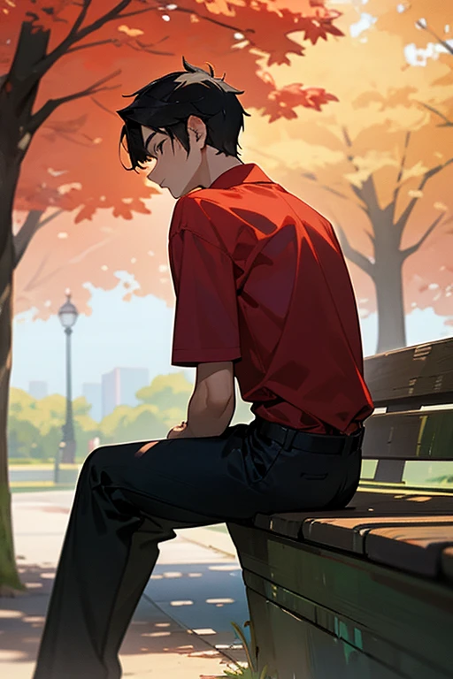 a park with a young man sitting with his back turned wearing a red shirt and black pants 