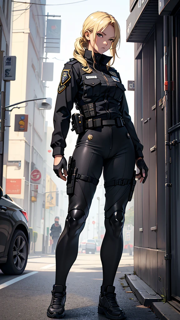 Beautiful girl realistic masterpieces full figure pose (best quality,ultra-detailed), blonde hair, fair skin, fit body, slim figure, narrow waist, (cocky expression), full body coverage tactical black SWAT uniform with police insignia