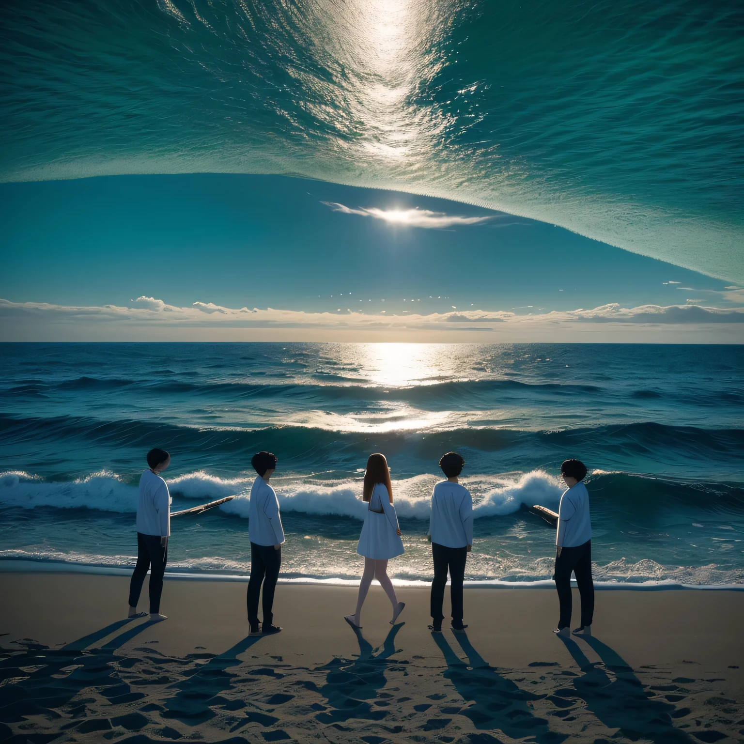 green、Ocean、Three boys watching the ocean、beautiful、8k、photograph、high resolution、最high resolution、Greenish image